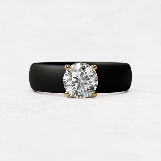 Black silicone ring with a one carat round moissanite set in 14 karat gold