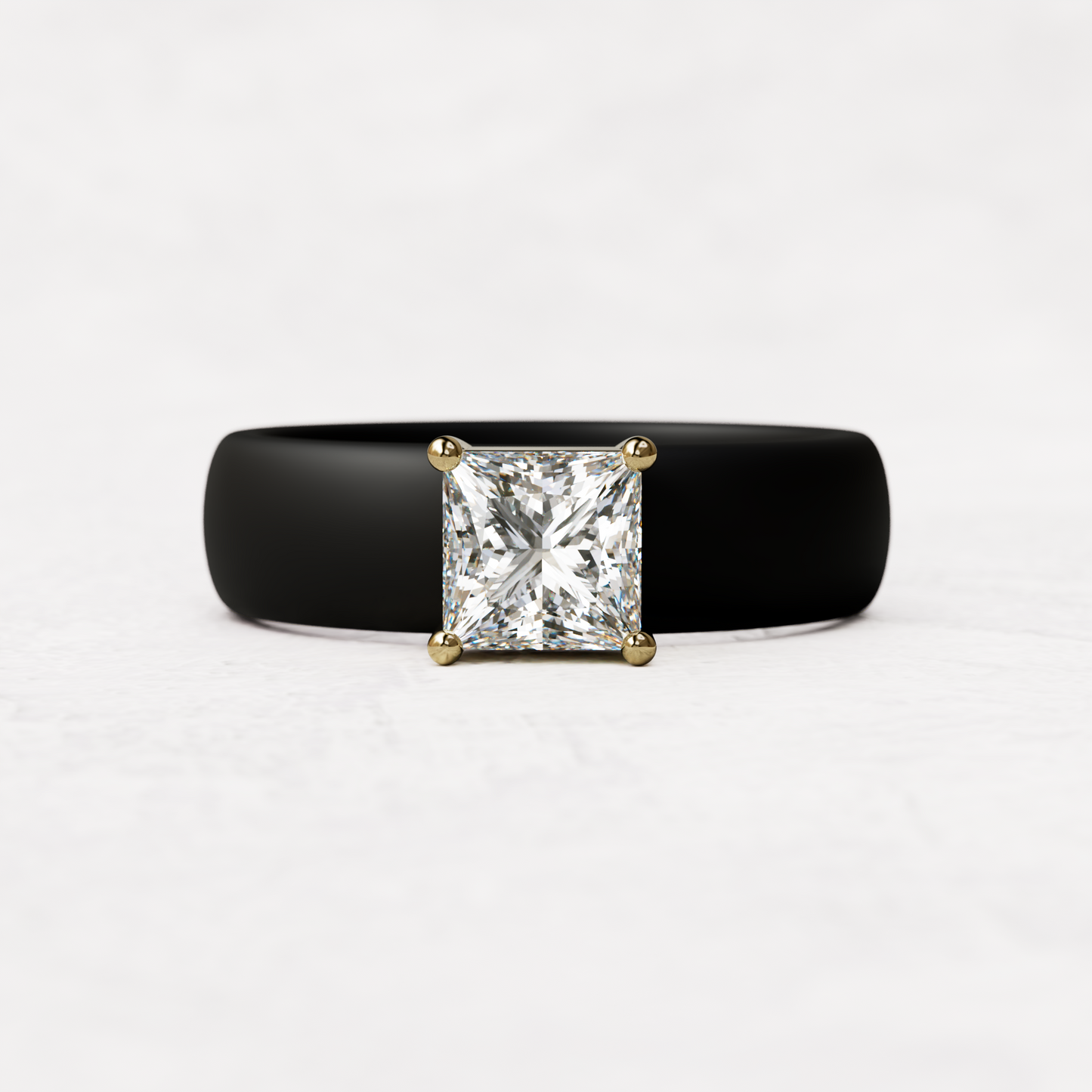 Black silicone ring with a one carat princess cut diamond set in 14 karat Gold