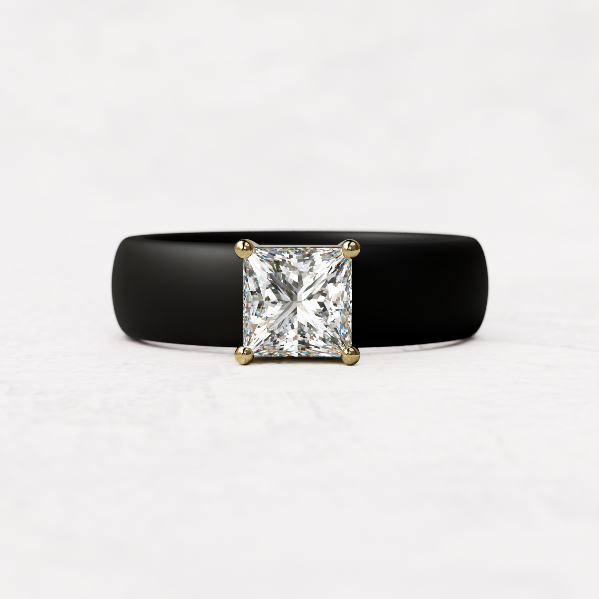 Black silicone ring with a one carat princess cut diamond set in 14 karat Gold