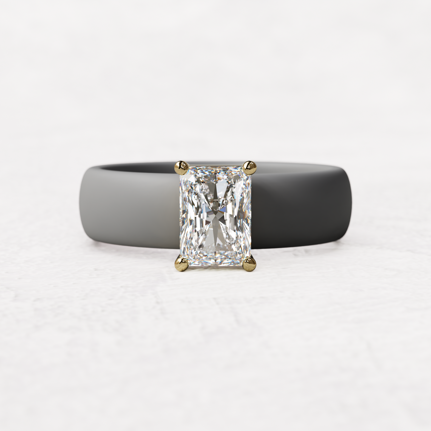 Gray silicone band with a one carat radiant diamond set in 14 karat Gold