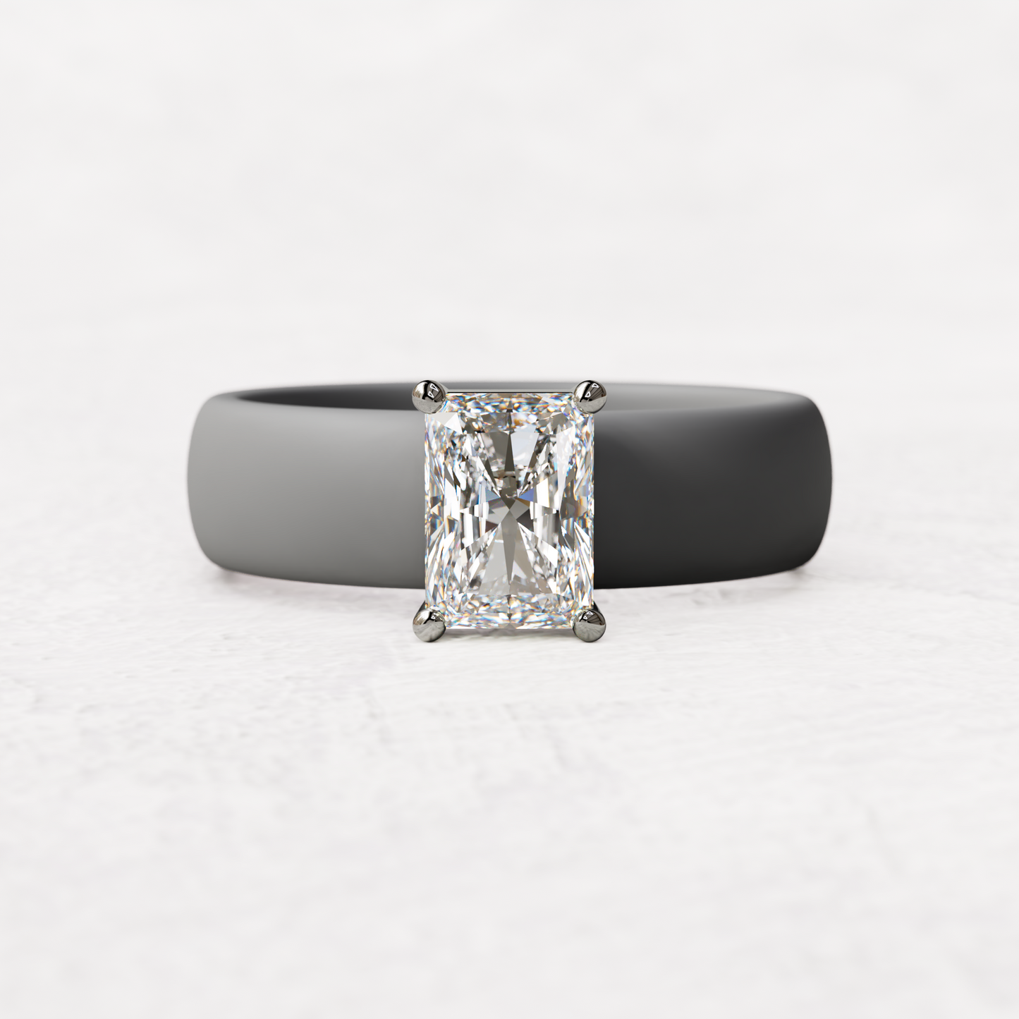 Gray silicone band with a one carat radiant diamond set in 14 karat white Gold