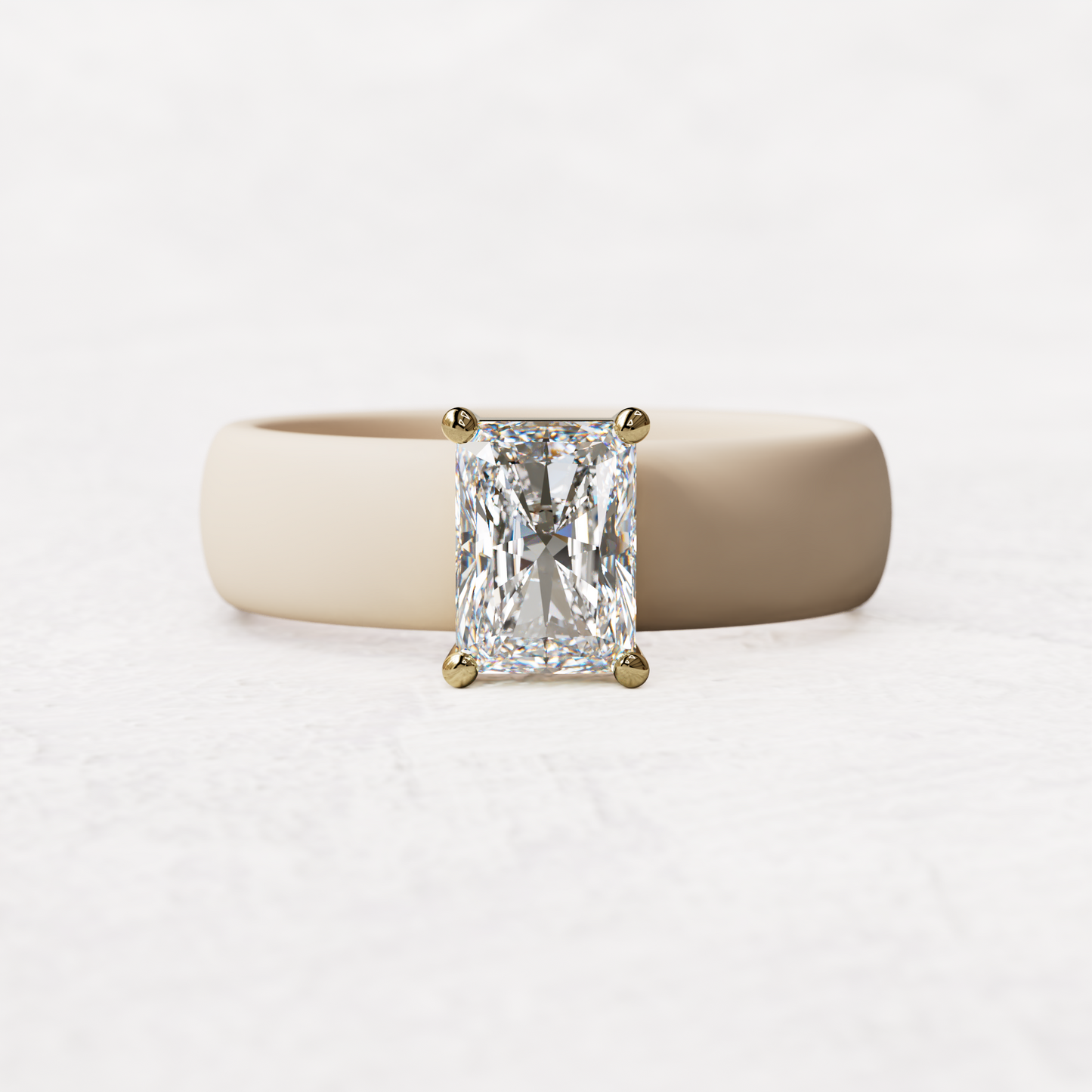 Nude silicone band with a one carat radiant diamond set in 14 karat Gold