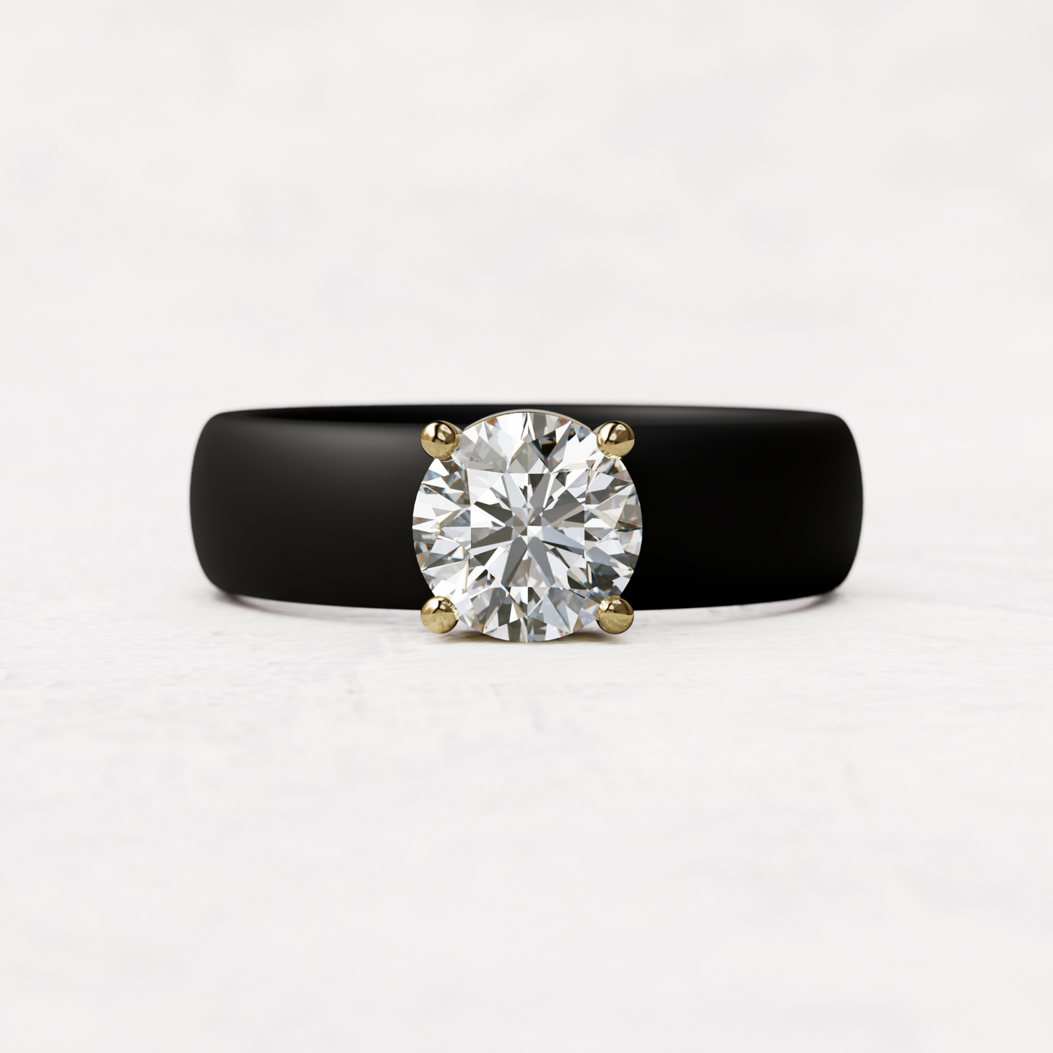 One carat round diamond with black silicone band in 14 karat gold