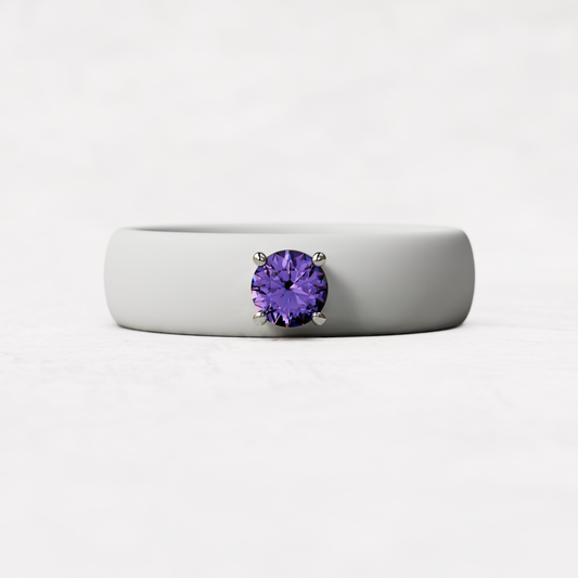 february birthstone white silicone band ring with a quarter carat amethyst set in 925 sterling silver