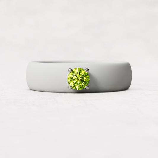 august birthstone white silicone band  ring with a quarter carat peridot set in 925 sterling silver