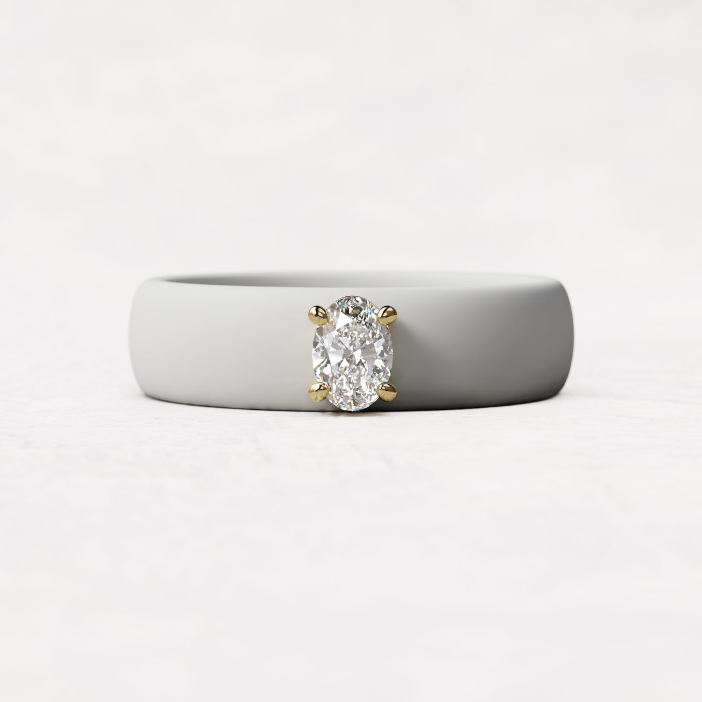 White silicone ring with a quarter carat oval diamond set in 14 karat Gold