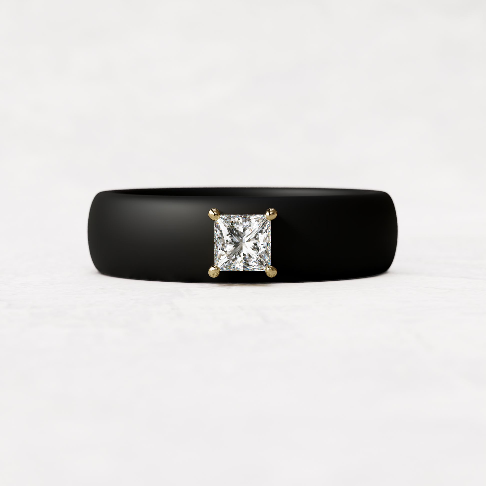 Black silicone ring with a quarter carat princess cut diamond set in 14 karat Gold