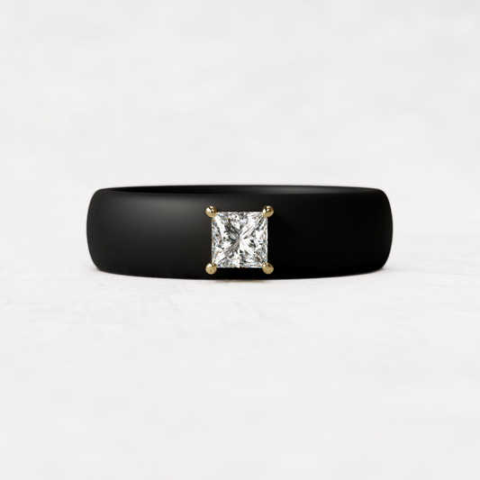 Black silicone ring with a quarter carat princess cut diamond set in 14 karat Gold