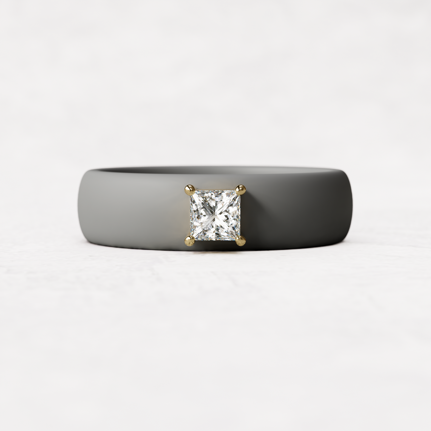 Gray silicone ring with a quarter carat princess cut diamond set in 14 karat Gold