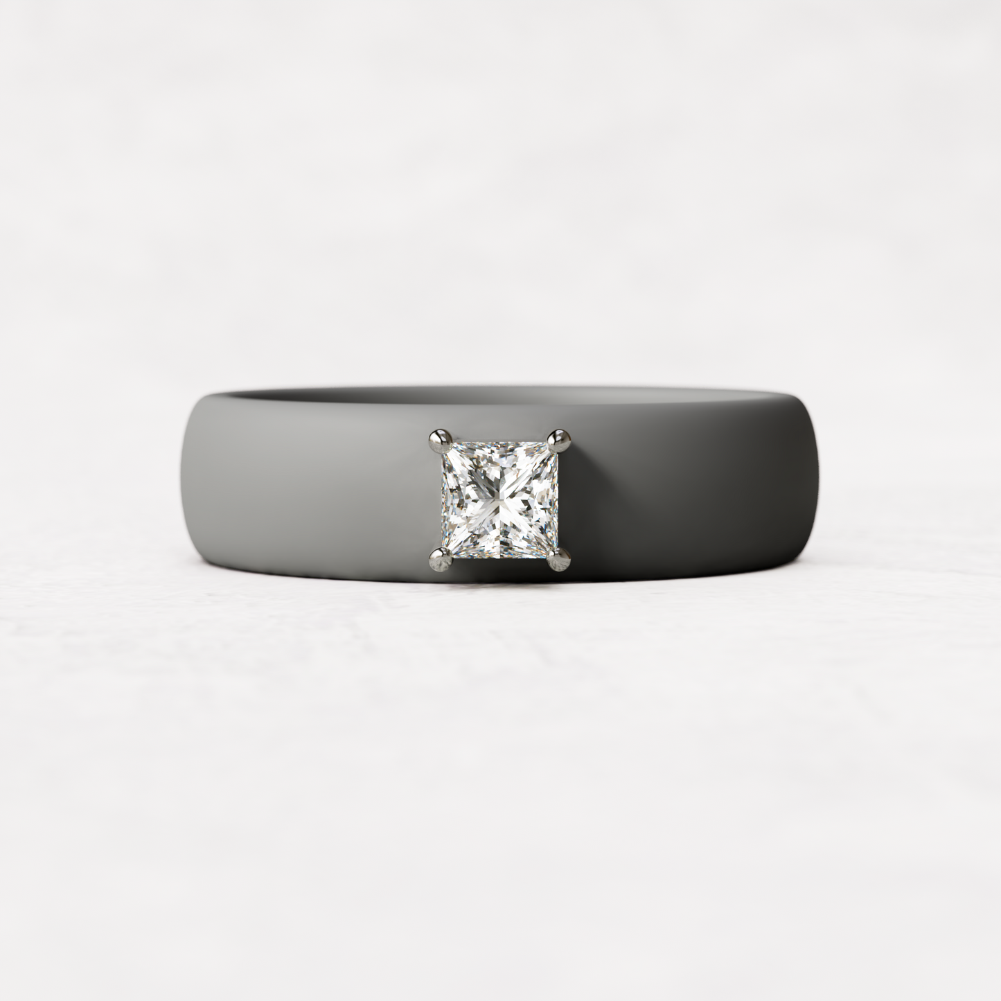 Gray silicone ring with a quarter carat princess cut diamond set in 14 karat white Gold