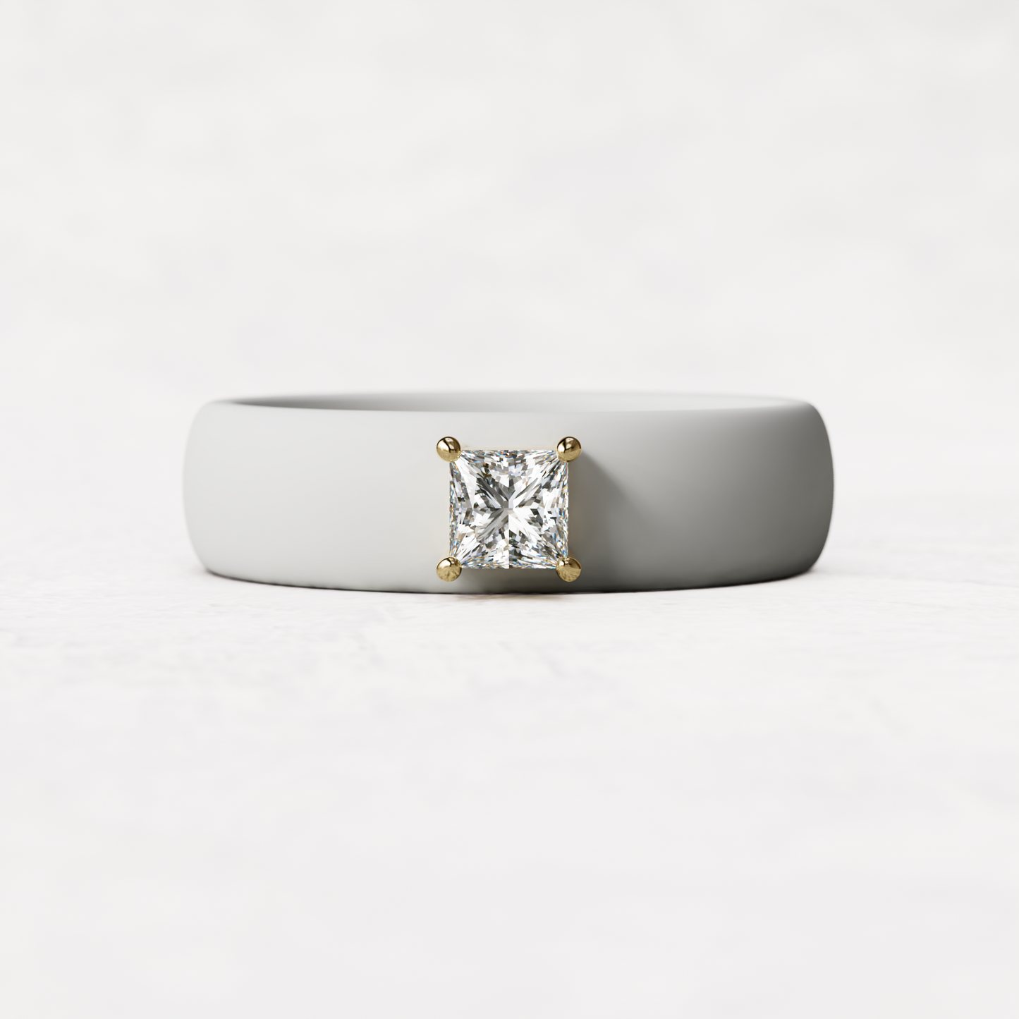 White silicone ring with a quarter carat princess cut diamond set in 14 karat Gold