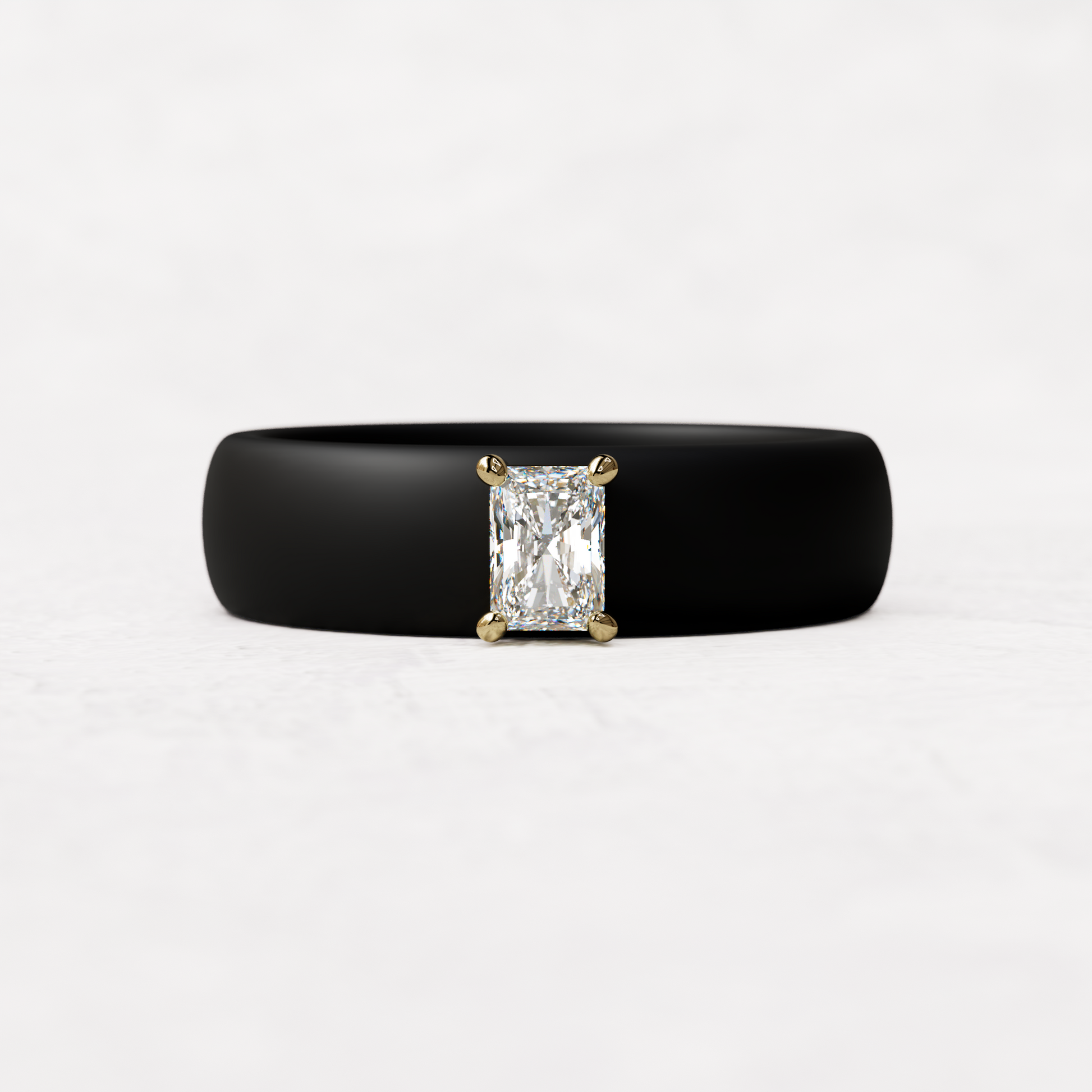 Black silicone band with a quarter carat radiant diamond set in 14 karat Gold