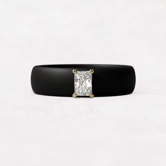 Black silicone band with a quarter carat radiant diamond set in 14 karat Gold