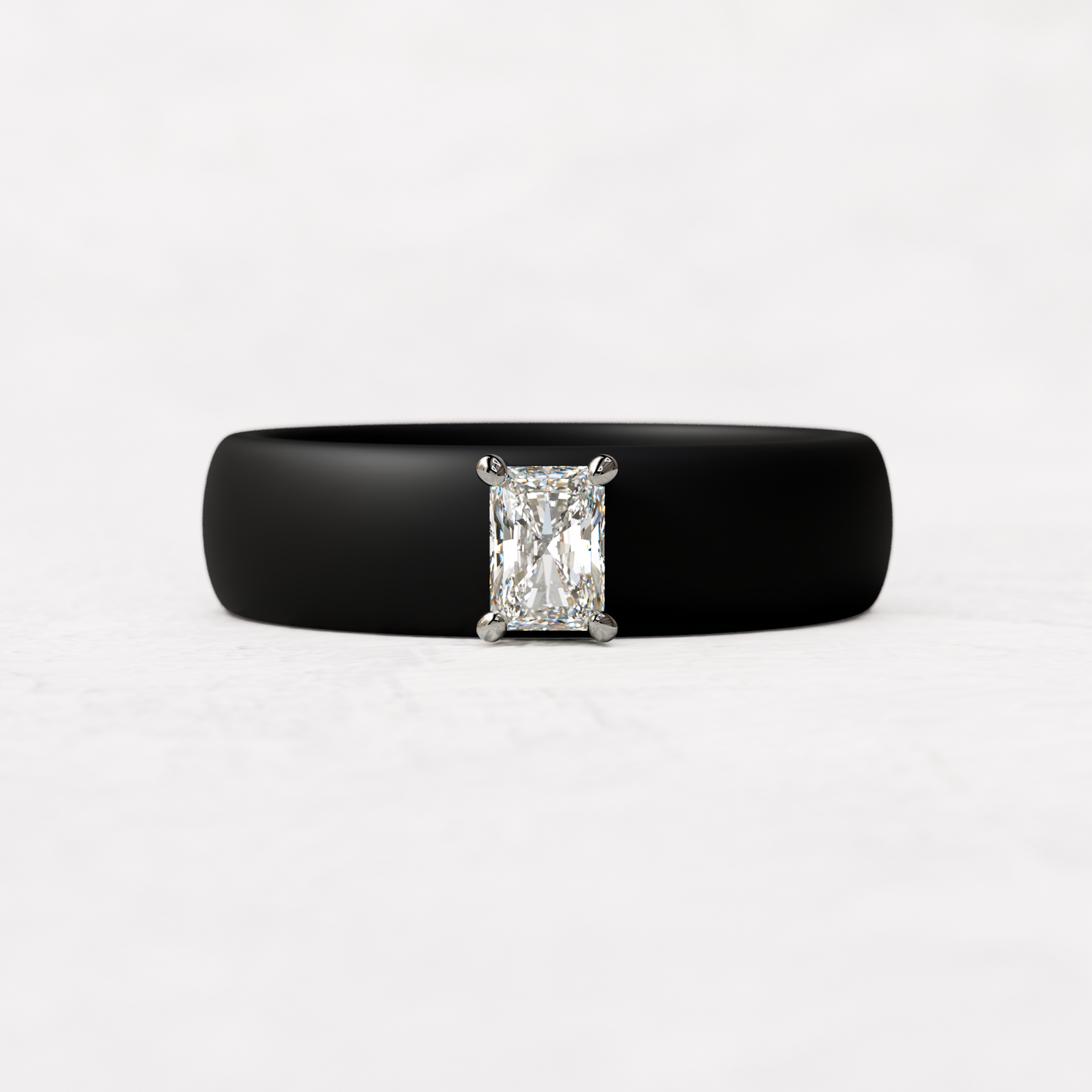 Black silicone band with a quarter carat radiant diamond set in 14 karat white Gold