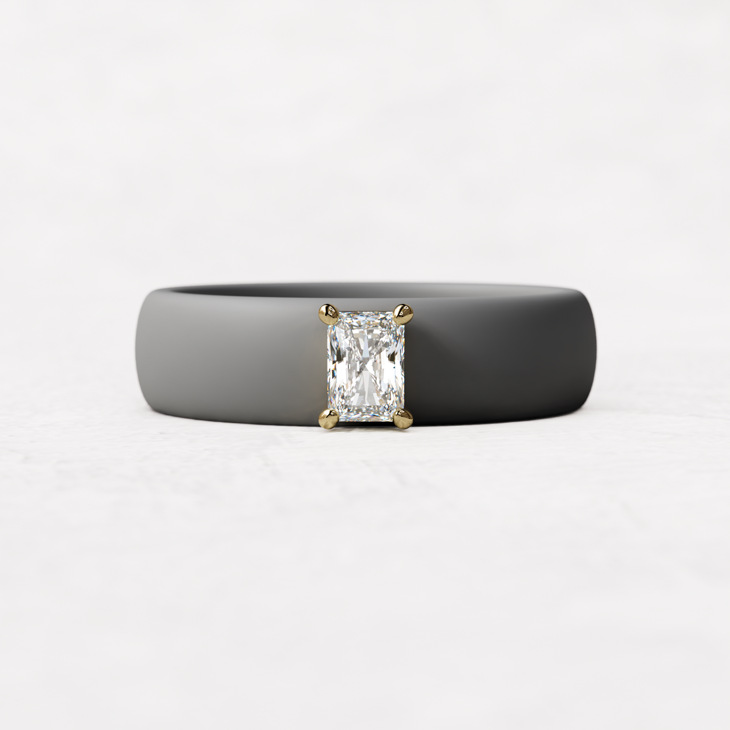 Gray silicone band with a quarter carat radiant diamond set in 14 karat Gold