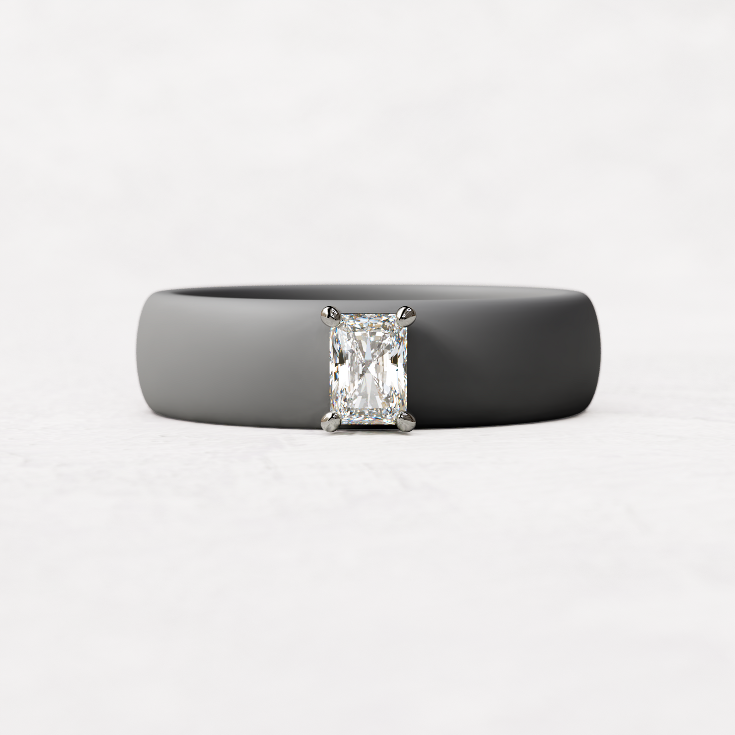 Gray silicone band with a quarter carat radiant diamond set in 14 karat white Gold