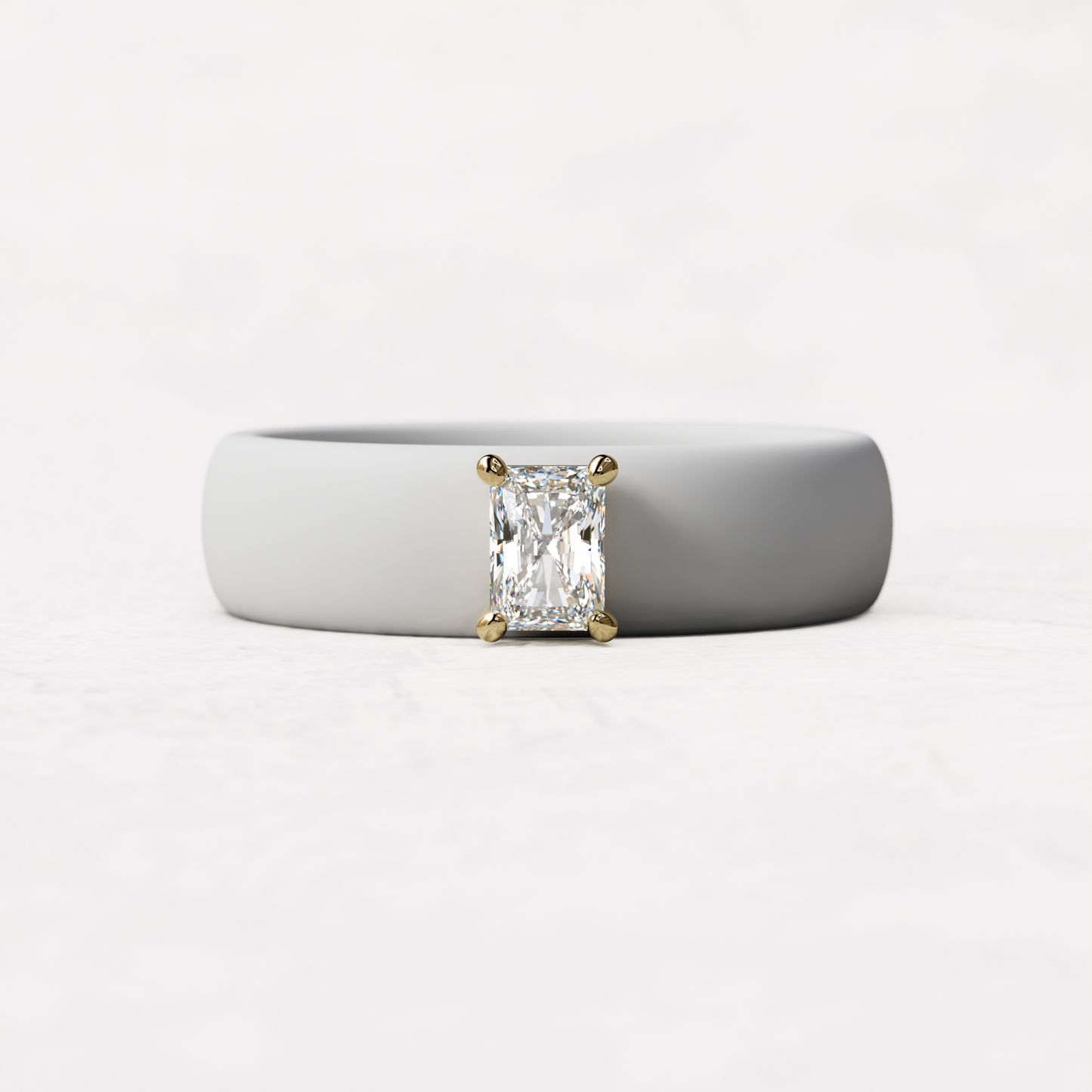 white silicone band with a quarter carat radiant diamond set in 14 karat Gold