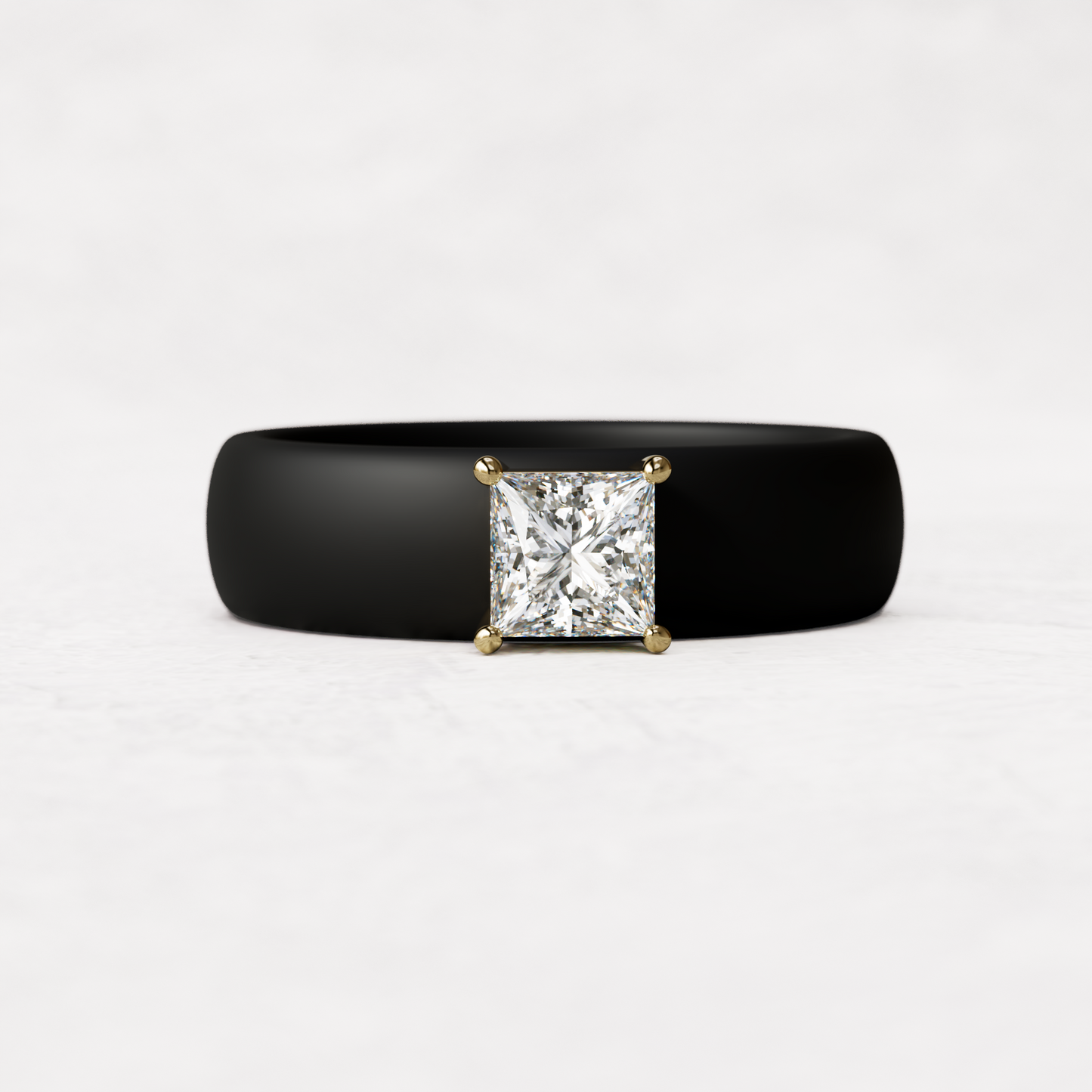 Black silicone ring with a half carat princess cut diamond set in 14 karat Gold
