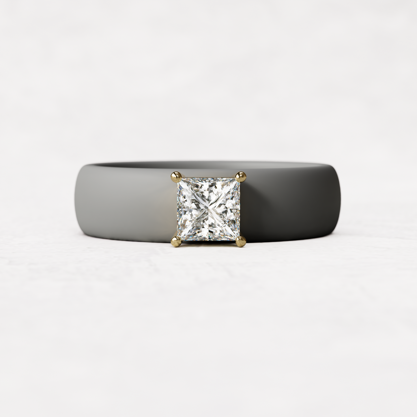 Gray silicone ring with a half carat princess cut diamond set in 14 karat Gold