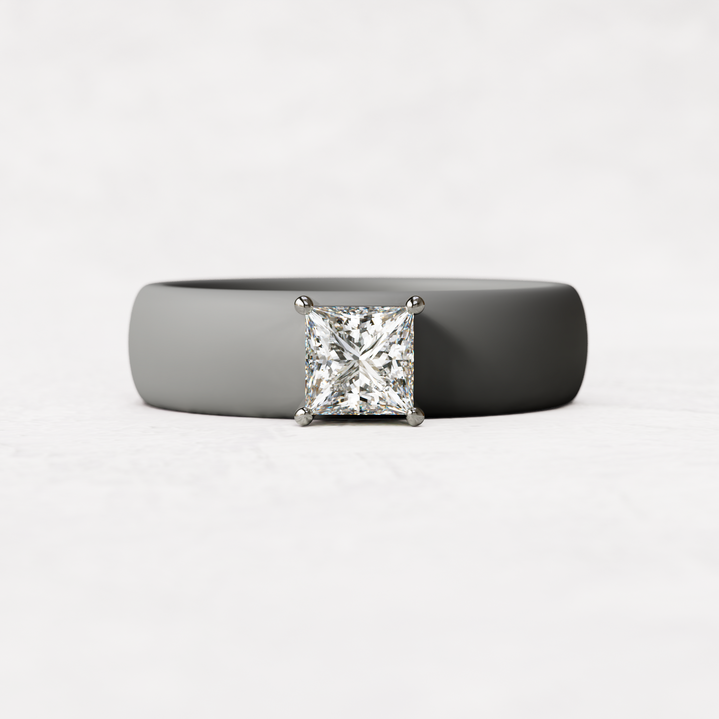 Gray silicone ring with a half carat princess cut diamond set in 14 karat white Gold