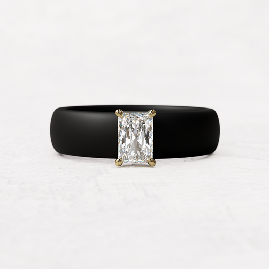 Black silicone band with a half carat radiant diamond set in 14 karat Gold