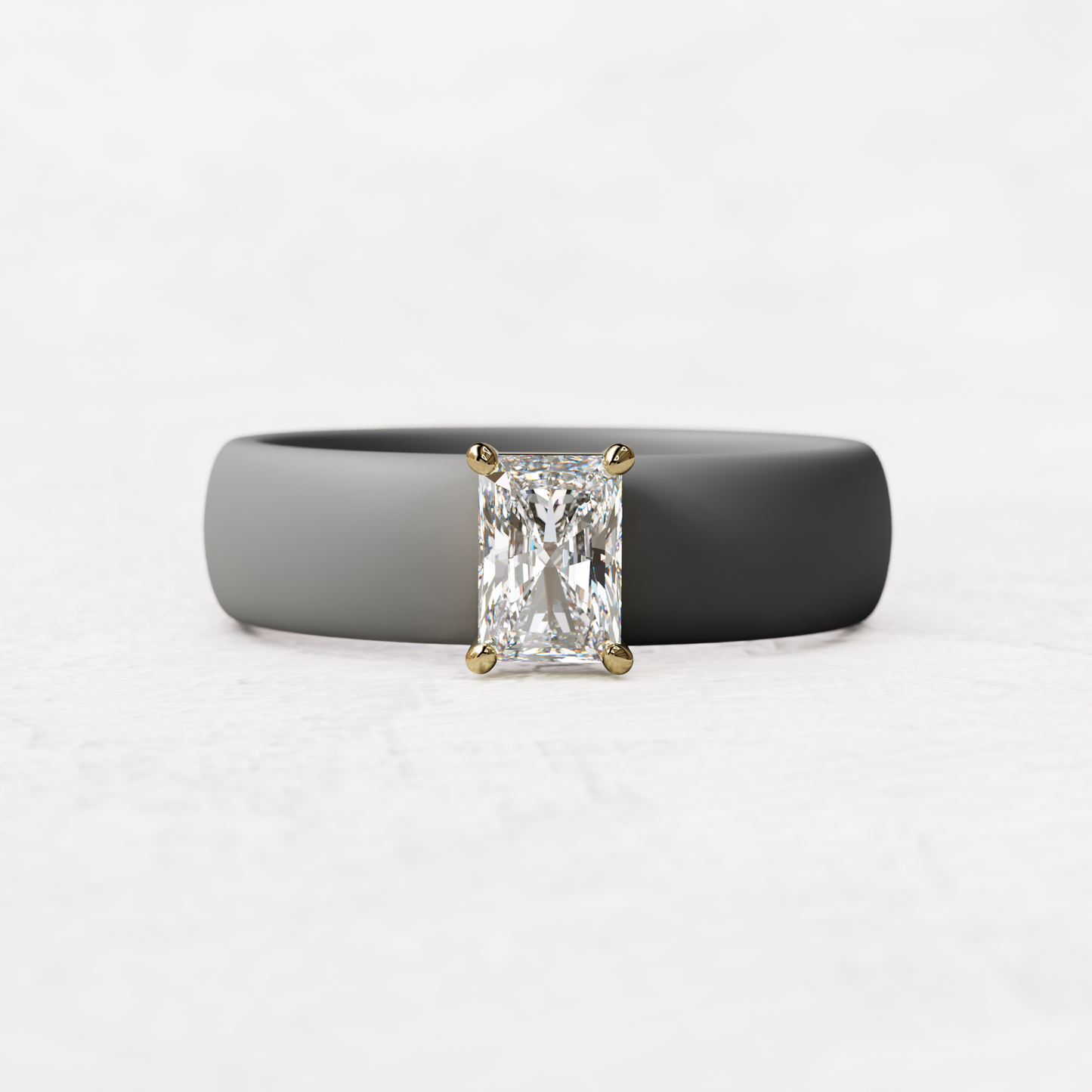 Gray silicone band with a half carat radiant diamond set in 14 karat Gold