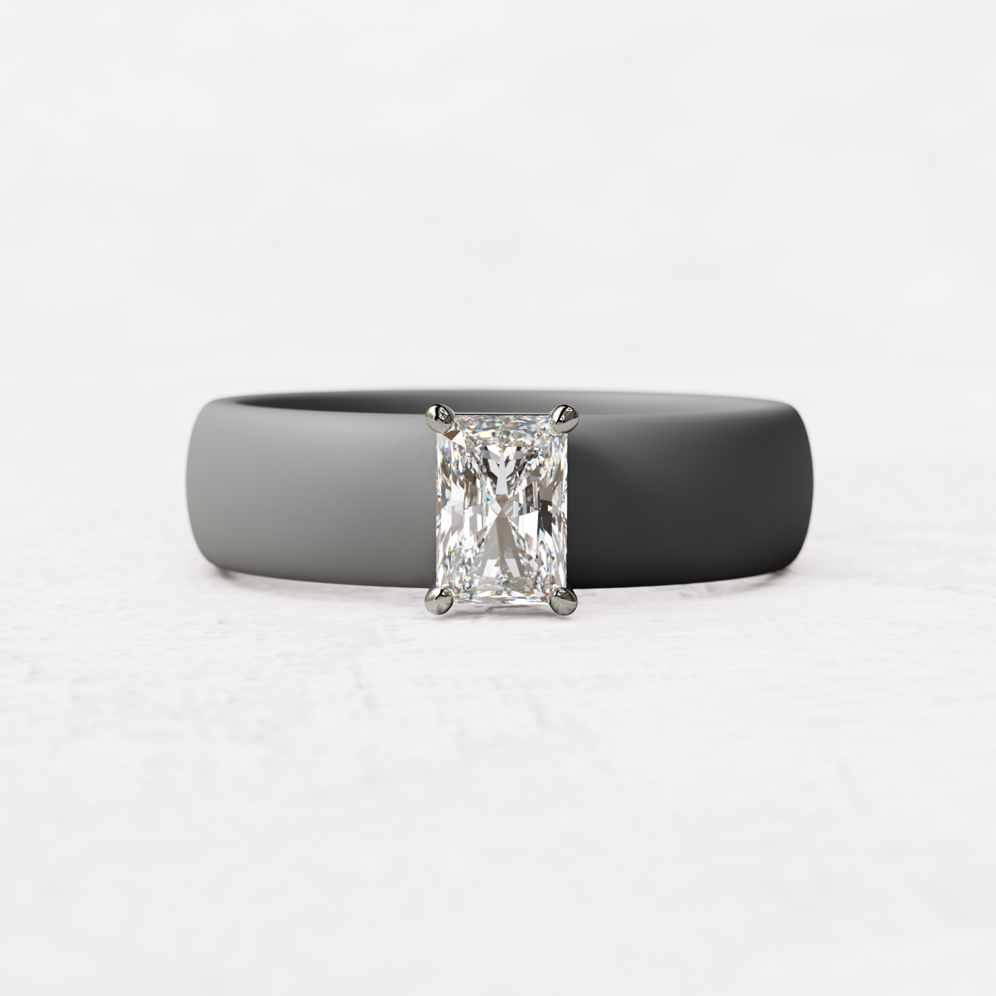 Gray silicone band with a half carat radiant diamond set in 14 karat white Gold